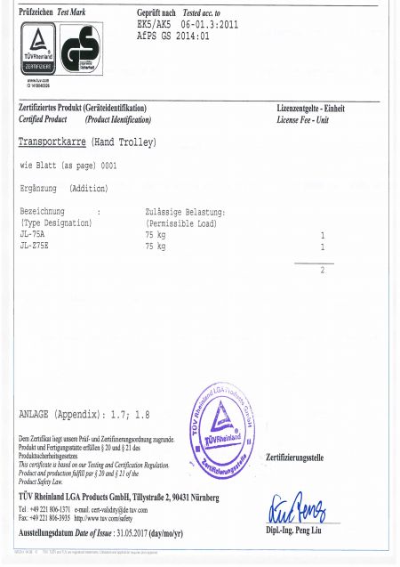 Handwagen Prüfbericht GS-Prüfbericht